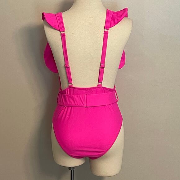 SHEIN Neon Pink Swimsuit Bathing Suit Belted Ruffles Size Large‎ - Picture 2 of 3